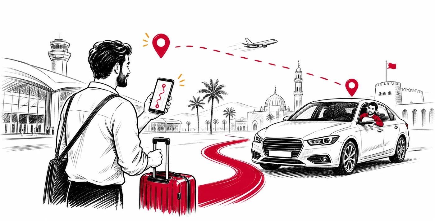 مسافر يطلب سيارة من مطار مسقط ومعه حقيبة سفر