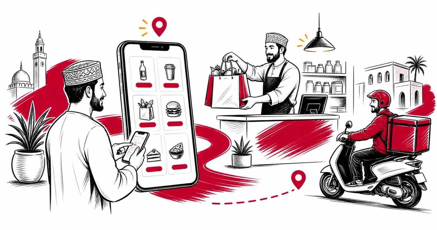 عميل يطلب من متجر قريب ومندوب يستعد للتوصيل