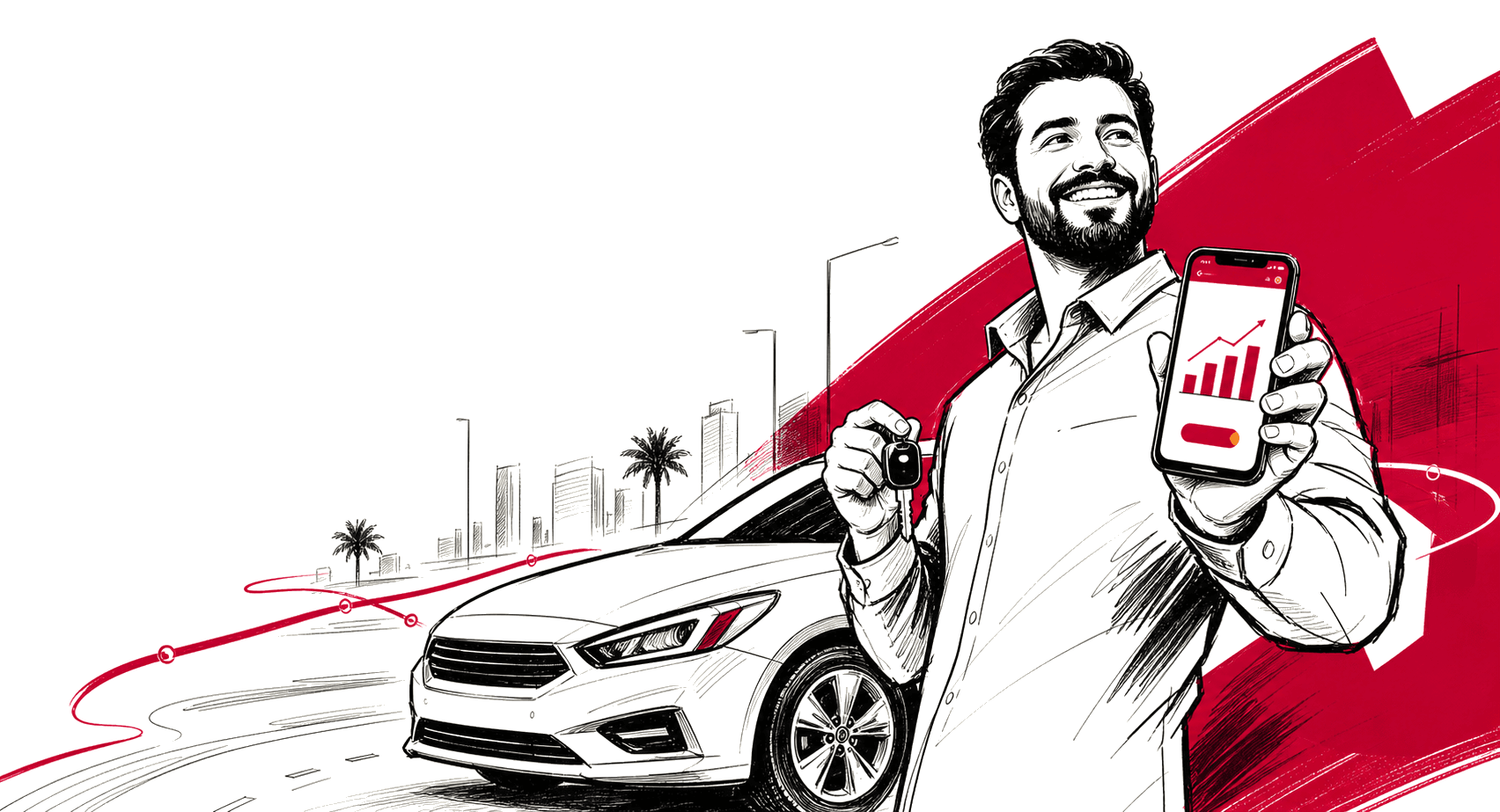 سائق يقف بجانب السيارة ويتابع أرباحه من الهاتف
